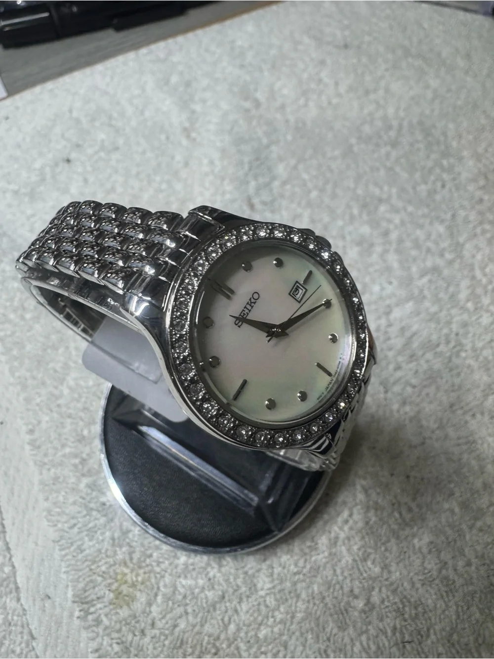 Seiko Silver and White Crystal-Trim Women's Bracelet Watch